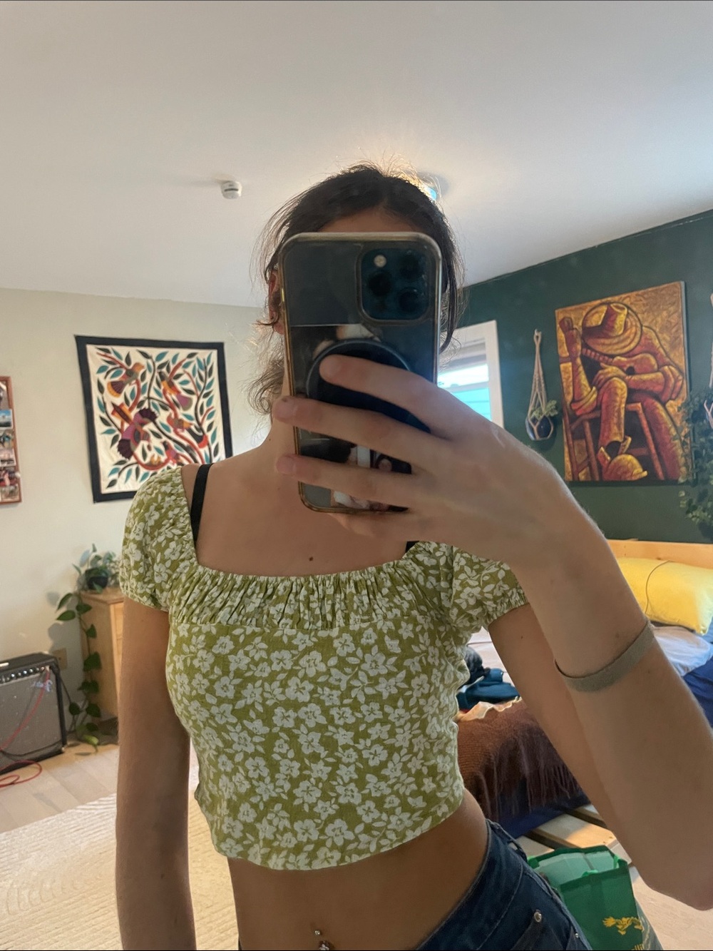 Billabong Olive Green Floral Square-Neck Crop Top